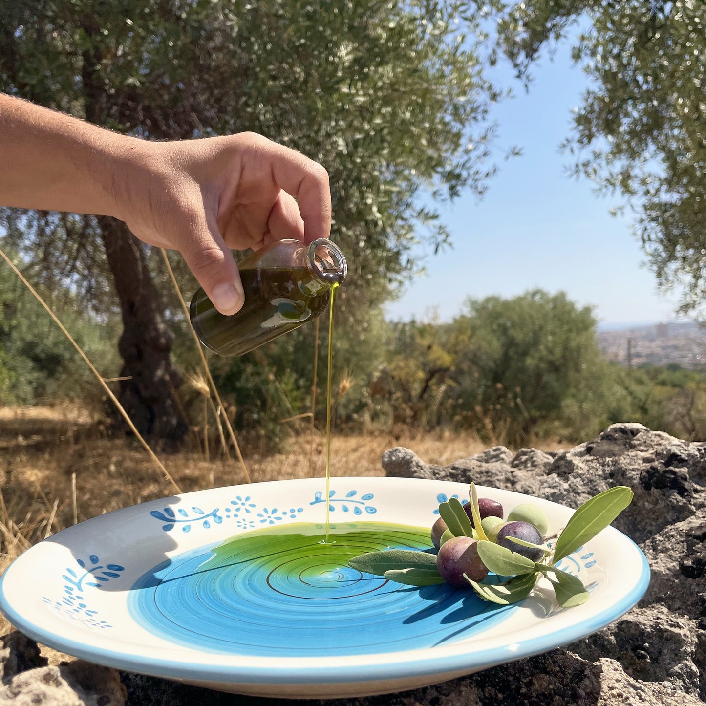 hεvo Olivenöl wird auf einen Teller gegossen, im Olivenhain bei Noto