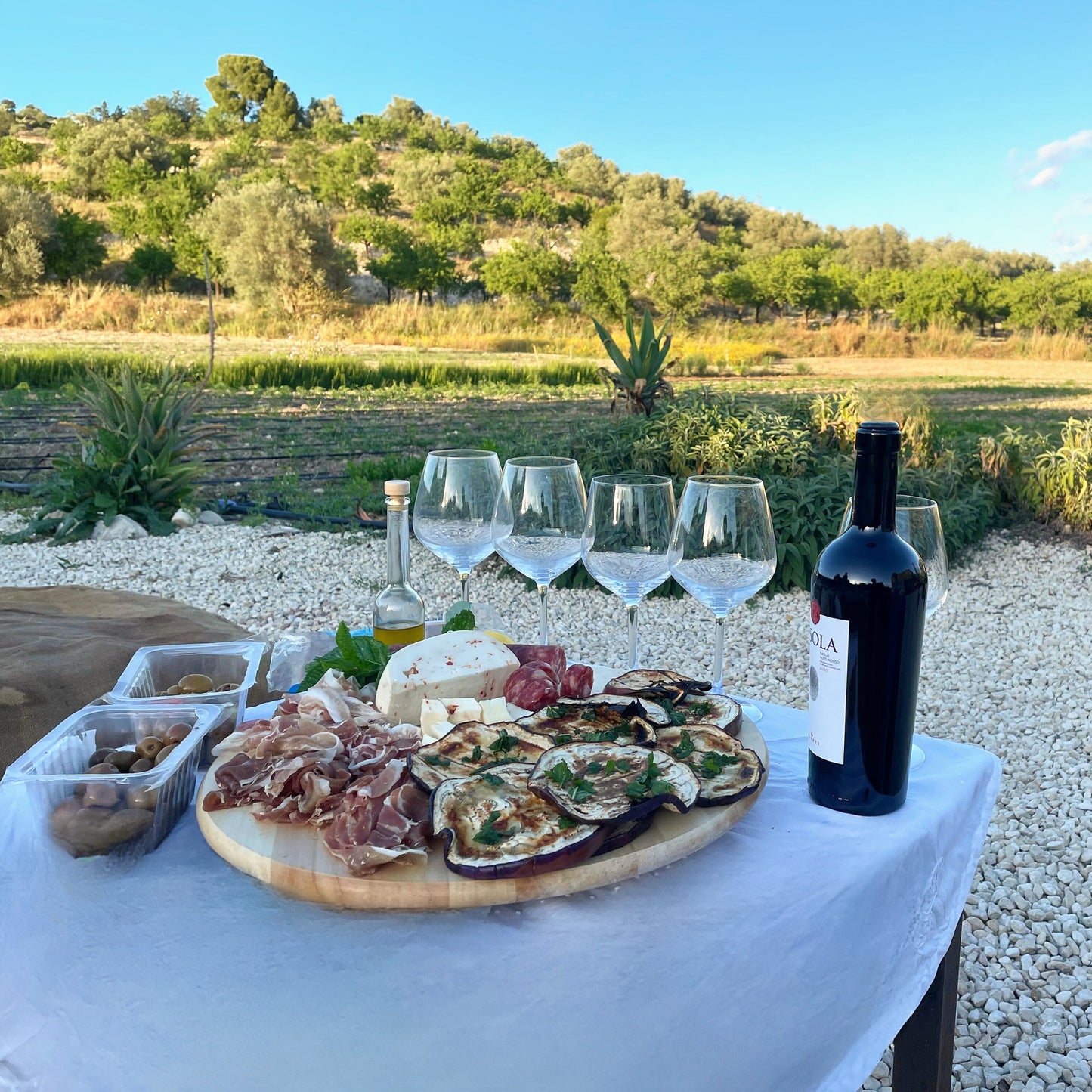 Antipasti-Platte mit Wein und Olivenöl beim Tasting in Noto